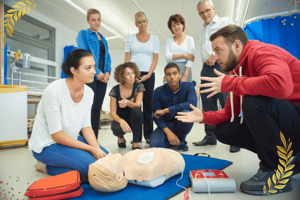 a first aid trainer briefing students about first aid care