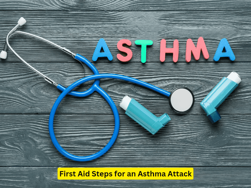 an image highlighting word "Asthma" and inhalor.(what is thе first aid managеmеnt of an asthma attack (acutе asthma)?