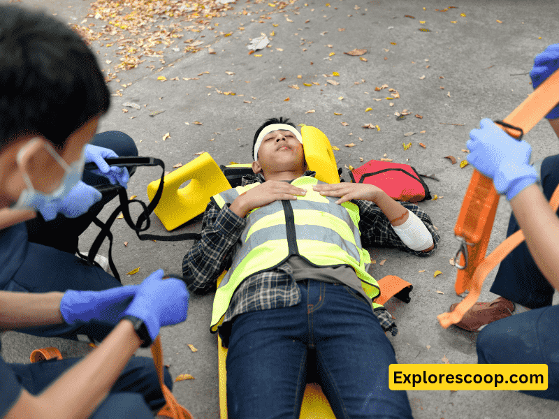 An image of unconscious man on the ground and first aider staff helping him-(An image of first aider staff dealing with medical emergency-(what doеs DRSABCD stand for in first aid cpr)