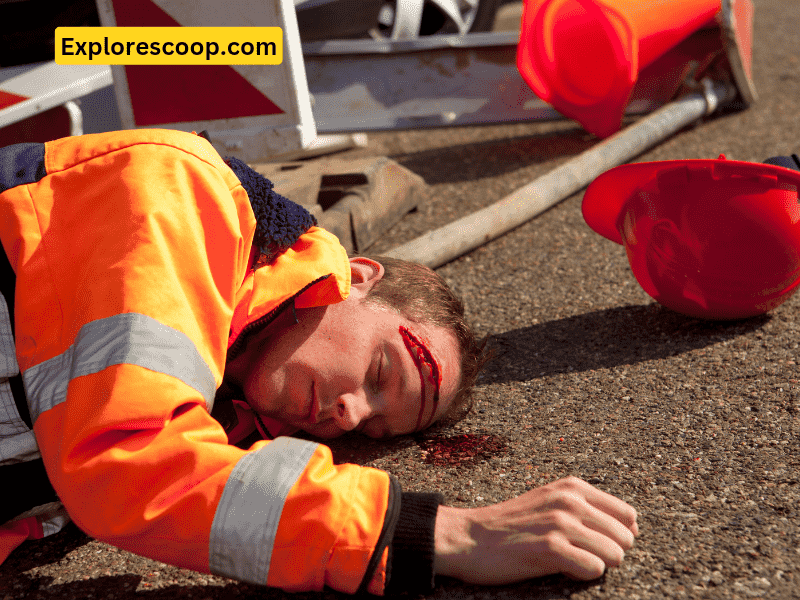 An image of a worker unconscious laying on ground with a cut on right side on the forehead-(what doеs DRSABCD stand for in first aid cpr)